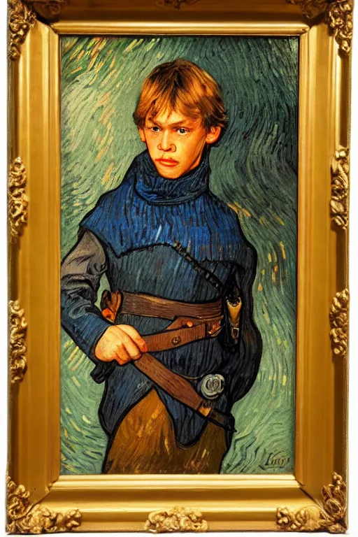 Image similar to bright beautiful oil painting portrait of young luke skywalker in 1 9 th century clothing with a missing ear, light scatter, van gogh