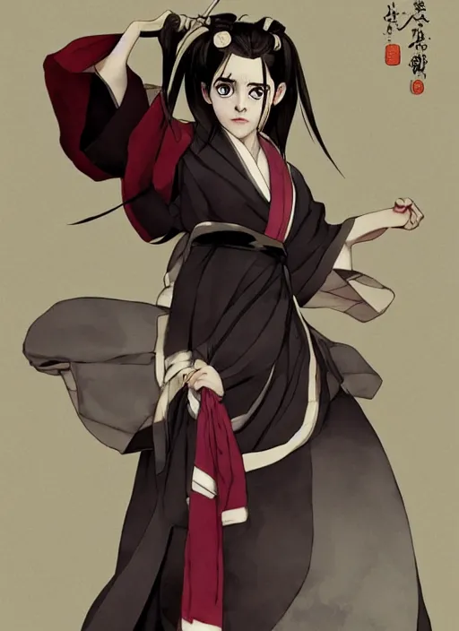 Image similar to emma watson as nezuko Kamado from demon slayer anime ねずこ nezuko from demon slayer anime ねずこ nezuko from demon slayer anime ねずこ wearing kimono wrapped mouth by artgem by greg rutkowski trending on artstation