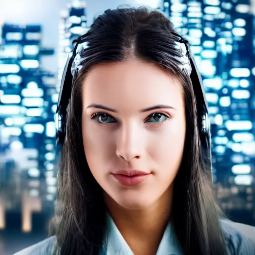 Image similar to close up on a woman\'s face with a log of cybernetic components. Futuristic city in the background. Very detailed. 55mm lens