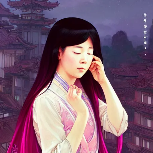 Image similar to asian girl crying while staring at her cell phone, pink hair, tokyo landscape, D&D, fantasy, intricate, elegant, highly detailed, digital painting, artstation, concept art, matte, sharp focus, illustration, art by Artgerm and Greg Rutkowski and Alphonse Mucha