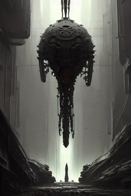 Prompt: professional concept art of a symmetrical! ominous floating mechanical steel terrifying giant thing in a dark room by artgerm and greg rutkowski. an intricate, elegant, highly detailed digital painting, concept art, smooth, sharp centred focus, illustration, in the style of cam sykes, wayne barlowe, igor kieryluk.