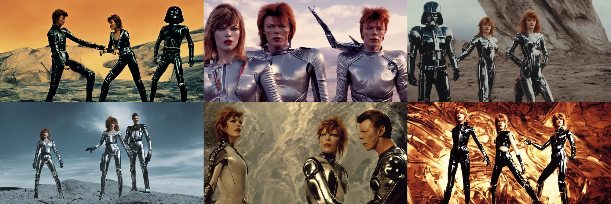 Prompt: a portrait of milla jovovich and david bowie as barbarella wearing a leather spacesuit, beautiful, heroic action pose, soft focus, depth of field, stunning alien landscape, cinematic, film grain, wide shot, in the style of kubrick, ridley scott, star wars, unreal engine