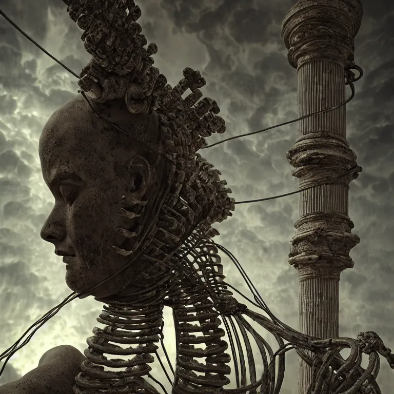 Image similar to ancient greek spine spinal statue covered with wires, surreal abandoned buildings, dark dramatic clouds with columns of light, dream-like heavy atmosphere, baroque painting, beautiful detailed intricate insanely detailed octane render trending on Artstation, 8K artistic photography, photorealistic, dramatic volumetric cinematic light, chiaroscuro, Raphael, Caravaggio, Beksinski, Giger