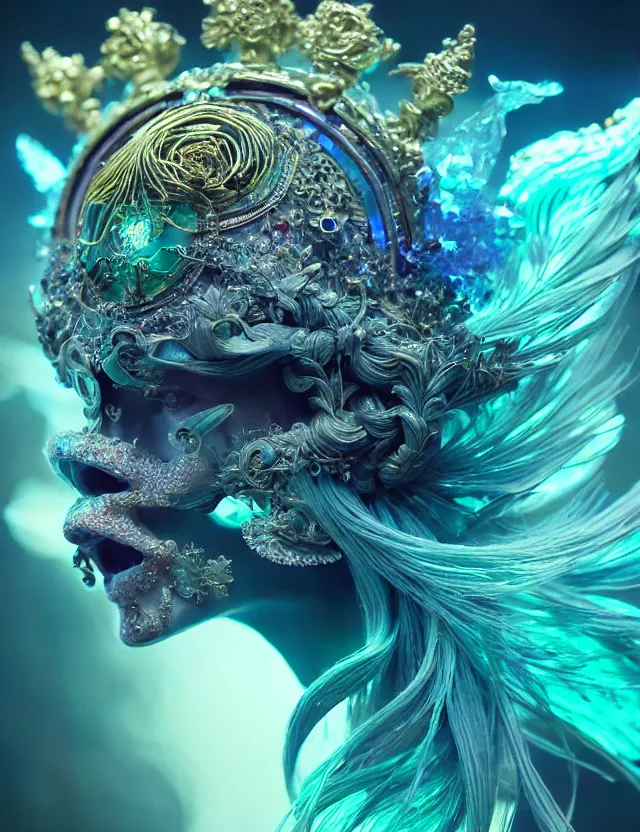 Image similar to render of goddess macro close - up portrait with crown made of phoenix ram skull. betta fish, jellyfish phoenix, bioluminiscent, plasma, ice, water, wind, creature, super intricate ornaments artwork by tooth wu and wlop and beeple and greg rutkowski