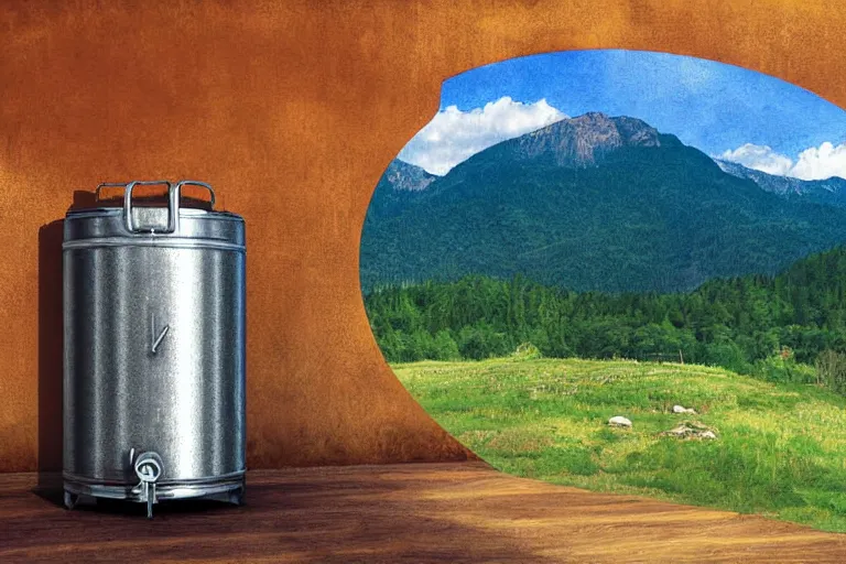 Image similar to a beer keg with mountain views, digital art