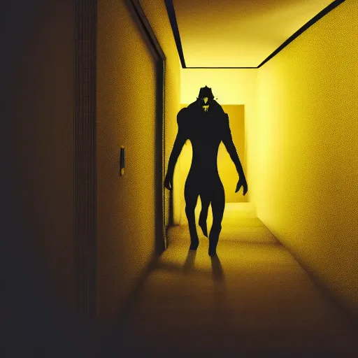 Image similar to A cinematic horror film still of a grotesque monster in a maze of yellow dimly lit hallways.