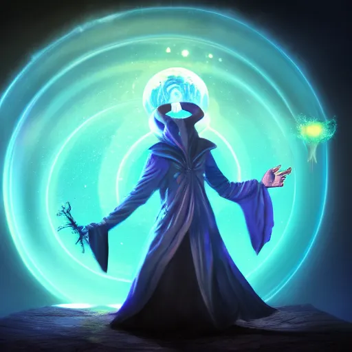 Image similar to a warlock is casting a magic spell, while a few small magic orb is floating nearby, the magic orb emit a blueish vapour, dynamic pose, chromatic aberration , medium level shot, Grim fantasy, illustration ,digital art, concept art,