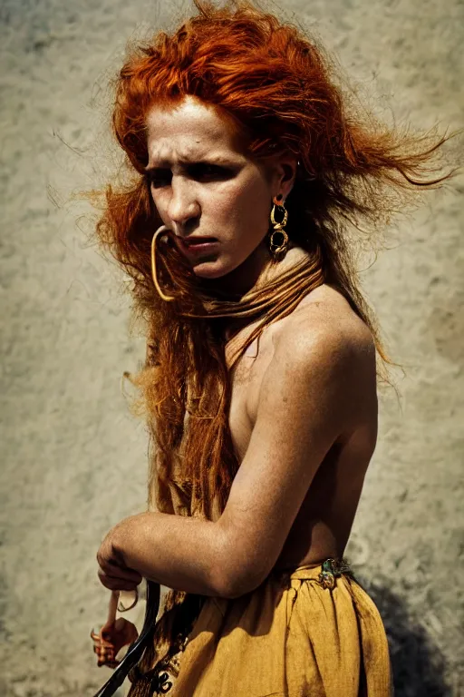 Prompt: line art, 1 9 th century barbary coast pirate female model with amazing ginger hair and golden hooped earrings photography by steve mccurry