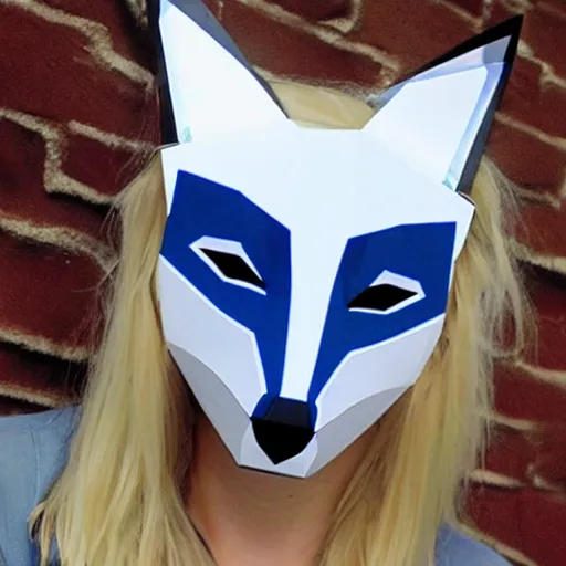 Prompt: a young blue-eyed blonde woman wearing a lowpoly fox mask made of transparent glass, looking sideways seductively