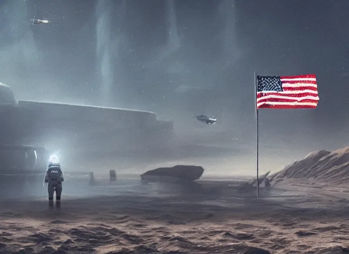 Image similar to astronaut holding a flag in an underwater desert. a submarine is visible in the distance. dark, concept art, cinematic, dramatic, atmospheric, 8 k, trending on artstation, blue, fish, low visibility, fog, ocean floor, christopher nolan, interstellar