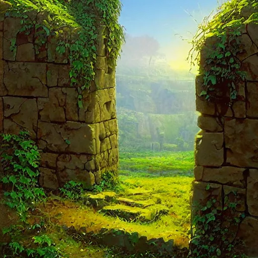 Image similar to colorful marc simonetti and Mark Keathley impasto!! acrylic painting of the slate stone gateway of a forgotten civilization. vines and creepers, stone etchings