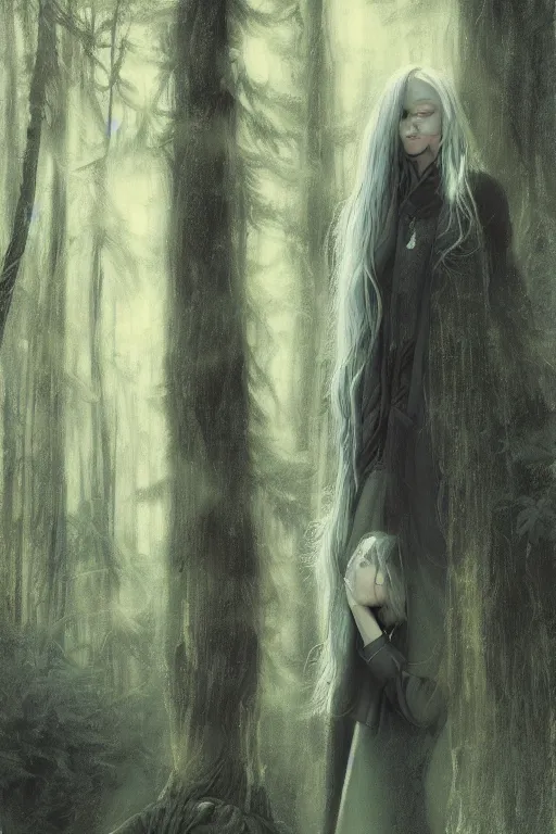 Image similar to digital drawing of wizard woman with long yellow hair standing in a forest by jeremy lipking and greg rutkowski and artgerm rendered in octane, beuatiful lighting