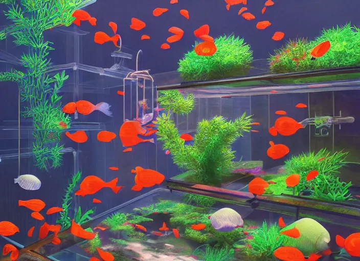 Prompt: arrays of betta tanks, pleasing two - point - perspective anime background clean neat clarity professional visual development set design, tiny cozy store with hanging bird cages and bright fish aquariums, sparse planted terrariums, dim painterly lighting volumetric aquatics, impasto, trending on pixiv