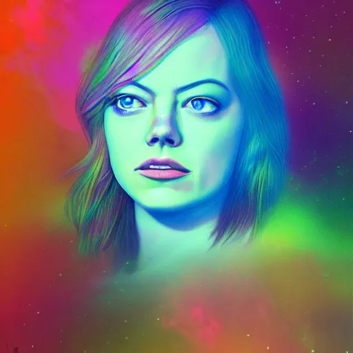 Image similar to surreal Emma Stone swimming in chromatic distortions in misty mysterious place, beautiful, psychedelic, lsd, trending on artstation, omnious, soft, artwork by Tran, Ross