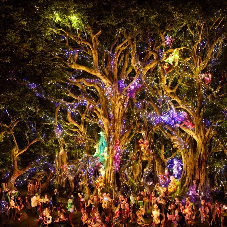 Image similar to photography award of a night carnival fairies around a magical tree, christmas lights, creatures and fantastic people disguised as fantastic creatures in a magical forest by summer night, masterpiece photography by gregory crewdson and john anster fitzgerald, volumetric lightning