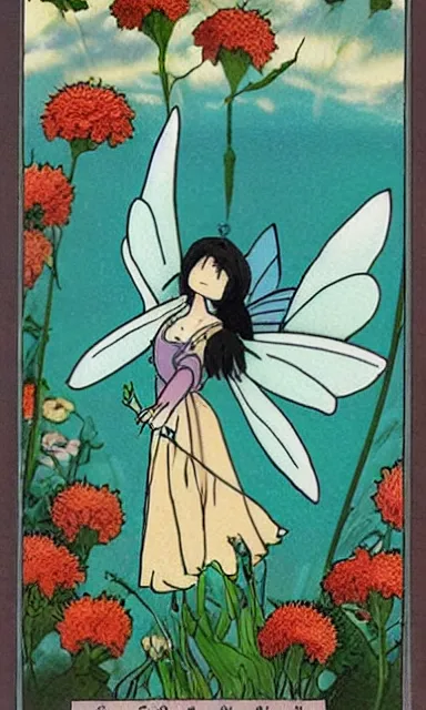 Image similar to fairy floral tarot card by Hayao miyazaki