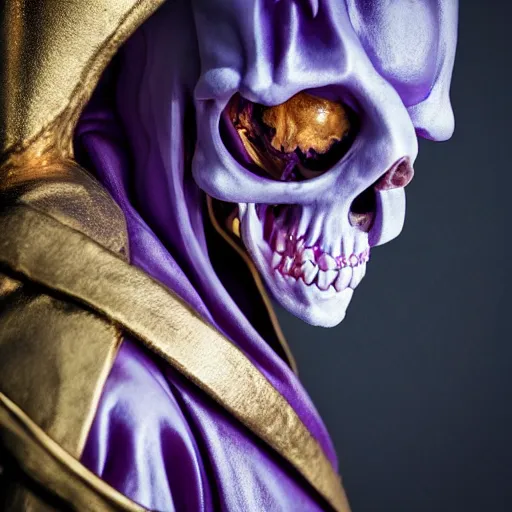 Image similar to photorealistic still portrait photograph of real - life ainz looking at the camera, overlord, regal purple gold robe, depth of field, soft focus, highly detailed, intricate, realistic, national geographic cover, textured detailed skeleton, professional archeological photograph