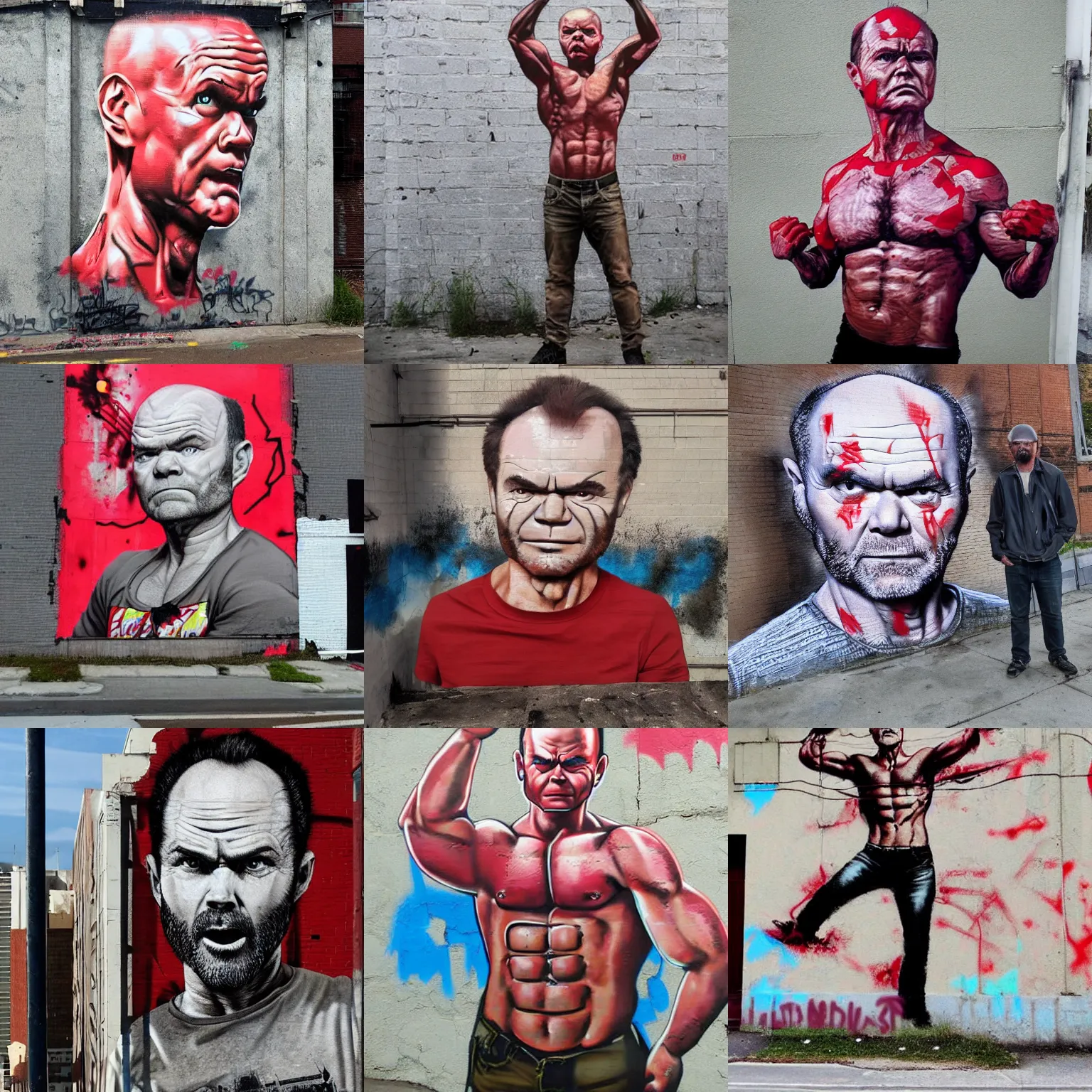 Prompt: Gigachad Muscular Kurtwood Smith as Red Forman Flexing Insane Pecs, Urban Graffiti Banksy, Bordalo, trending on artstation