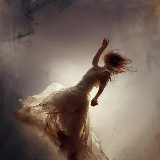 Image similar to painting of a beautiful Harpey, dancing on a cloud, by Jeremy Mann and Jason Jenicke, detailed, stylized, loose brush strokes, intricate, realistic, exaggerated lighting, sense of scale, ferocious, sensual