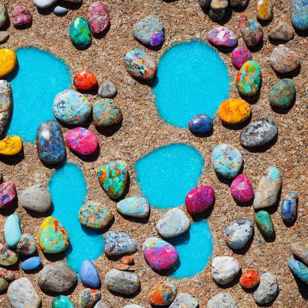 Image similar to rainbow rocks outdoor sculpture, desert with pills of bright blue water, birds eye view