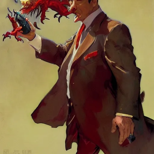 Image similar to A mafia man with a tobacco in his left hand, behind him is a Chinese dragon emanating a red aura of danger art by Craig Mullins, Simon Bisley, Gregory Manchess, Fernanda Suarez, Artem Demura, Alphonse Mucha, Donato Giancola, Jason Felix, Steve Argyle, Tyler Jacobson, Peter Mohrbacher, trending on artstation, digital art