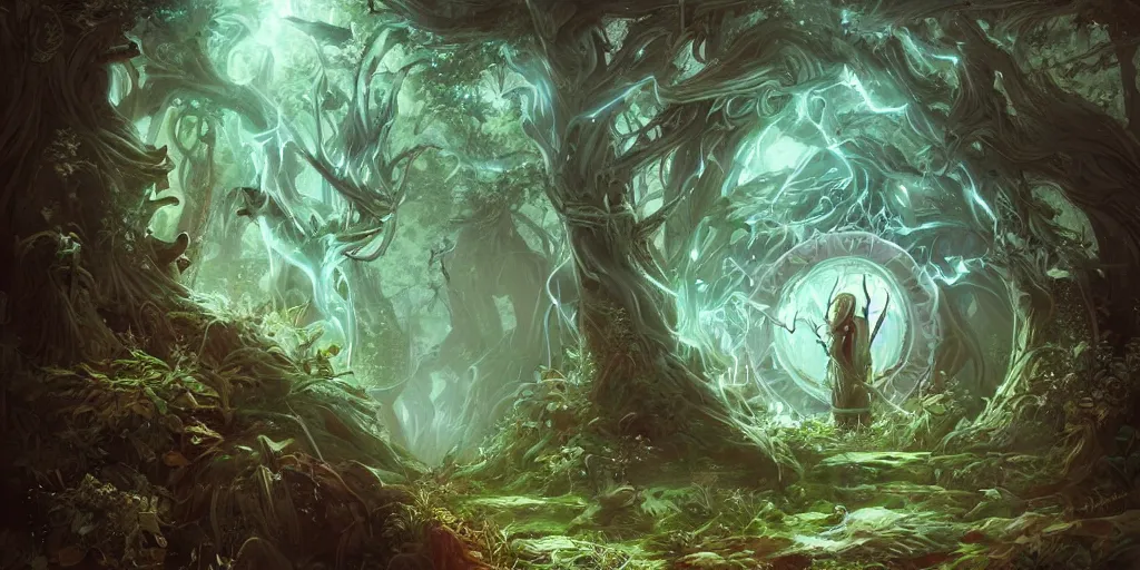 Image similar to A wizard summoning a portal in the forest to another land by ross tran, hyper-detailed, intricate, wide angle, beautiful, fantasy, concept art