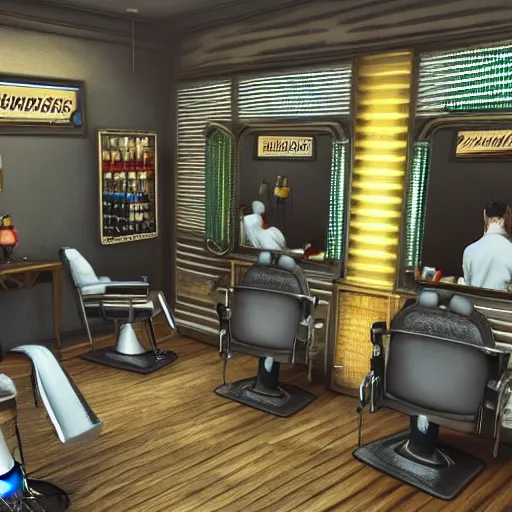 Prompt: A barbershop in Disco Elysium