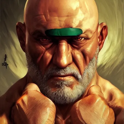 Image similar to mike ehrmantraut as sagat street fighter, wearing eye patch, 4 k, ultra realistic, detailed focused art by artgerm and greg rutkowski and alphonse mucha