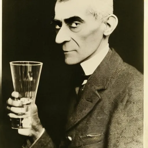 Prompt: Maurice Ravel holding a glass of yellow liquid