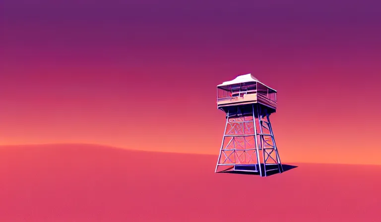 Image similar to a beautiful sharp focus vintage vaporwave ombre vector art rendering, outrun style, of a fire lookout tower on the surface of mars. trending on artstation. recommended for you behance. by edward hopper. by chris moore. beeple colors. ambient occlusion. digital matte painting. metropolis filmic. gotham city. overcast.