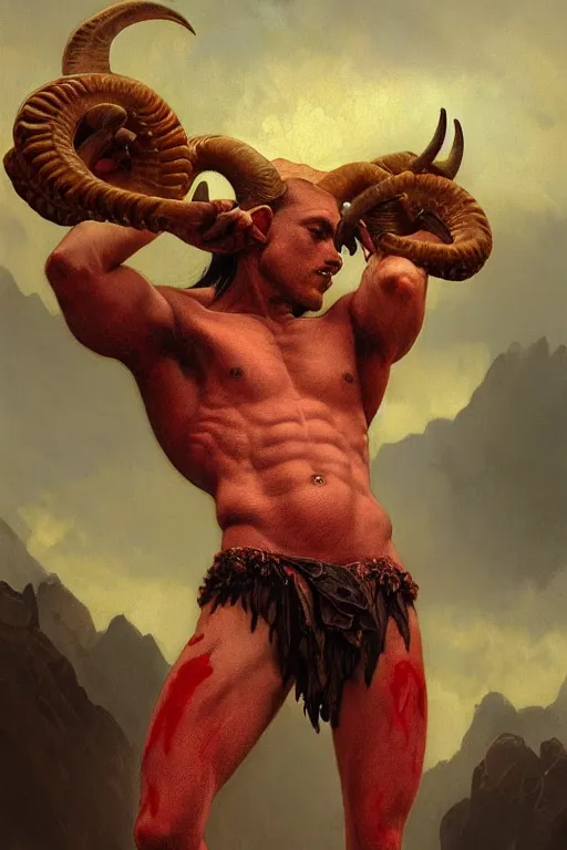 Image similar to portrait of a beautiful young fit male demon with ram horns, scaly torso, goat legs, hellish scene, by greg rutkowski and alphonse mucha, d & d character, gradient red to yellow, in front of an hellish landscape background, highly detailed portrait, digital painting, artstation, concept art, smooth, sharp focus ilustration, artstation hq