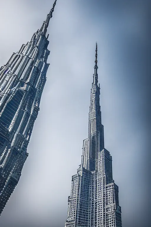 Prompt: full detailed intricate photo of worlds tallest building, castle clouds, elaborate modern sleek mansion gothic detail, glass and steel, misty atmosphere