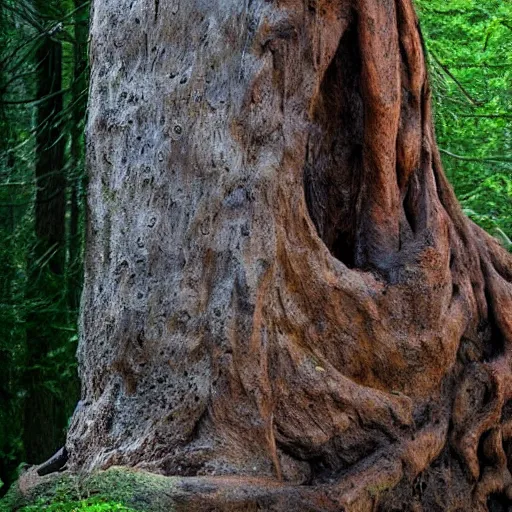 Image similar to a young hiker accidentally carves his name into the bark at the base of a gigantic ancient tree ent creature's leg, which looks down at him from high above angrily, trending on artstation hyperreal - h 1 0 2 4