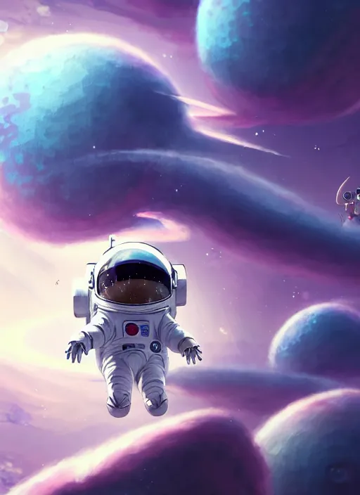 Prompt: a still of a cute kawaii astronaut android floating around a large biomechanical kaiju dragon, nebulous background of dynamic space, a dramatic composition by wlop and greg rutkowski and makoto shinkai and studio ghibli and kyoto animation cute bubbly clothing, highly detailed, digital painting, matte