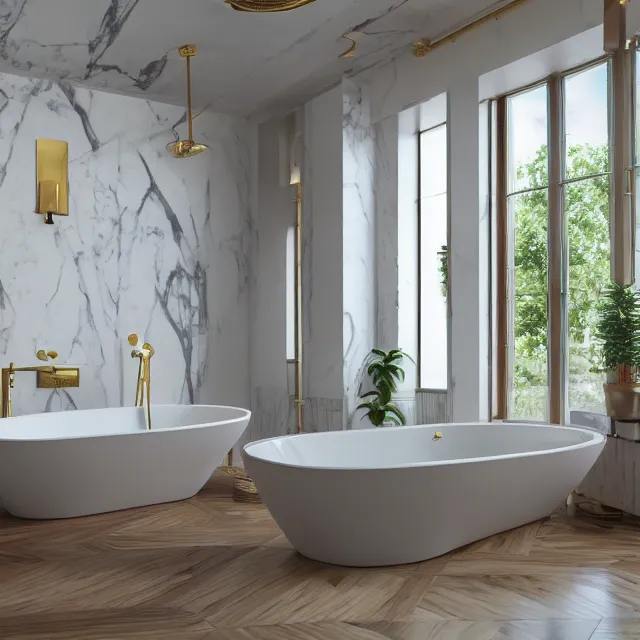 Image similar to marble bathroom interior, bathtub with golden faucet, wood cabinets, marble floor, large window in back with white mountain nh fall river view, large potted plant, realistic, unreal engine render, octane render, hyper realistic, photo, 8 k