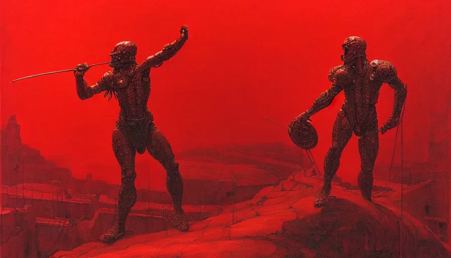 Image similar to only with red, a lightly armored gladiator in a crowded roman amphitheatre, crowd cheering, in the style of beksinski and edward hopper and rodcenko and yue minjun and artgerm, intricate and epic composition, red by caravaggio, highly detailed, masterpiece, red light, artstation, art nouveau