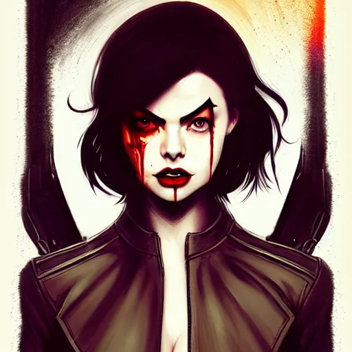 Prompt: Rafael Albuquerque comic cover art, loish, Sam yang, artgerm, Ross tran, pretty female Samara Weaving vampire, very sharp fangs blood on face face, sarcastic smile, symmetrical eyes, symmetrical face, brown leather jacket, jeans, long black hair, middle shot, highly saturated, deep blacks