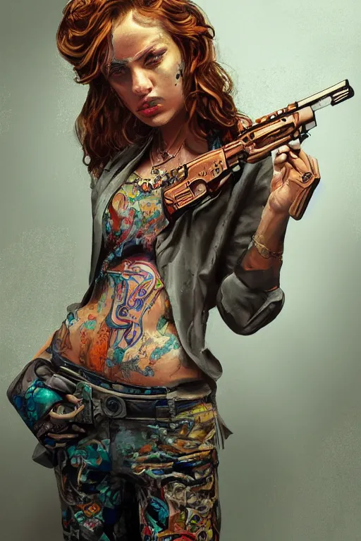 Image similar to painting of a gangster girl holding a pistol, intricate, highly detailed, digital painting, official media, concept art, rich vivid colors, ambient lighting, sharp focus, illustration