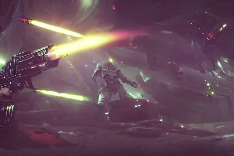 Image similar to VFX movie of a futuristic inhuman alien spacemarines in future spaceship, firing gun at space pirates detailed creature skin neon lighting by Emmanuel Lubezki