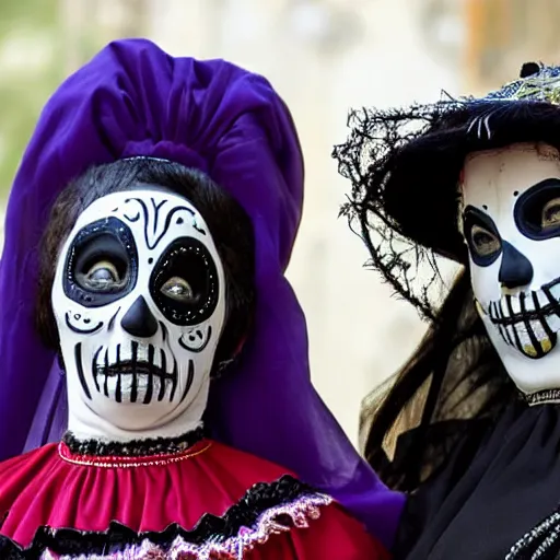 Image similar to women wearing la muerte mask and sardinian traditional female dress