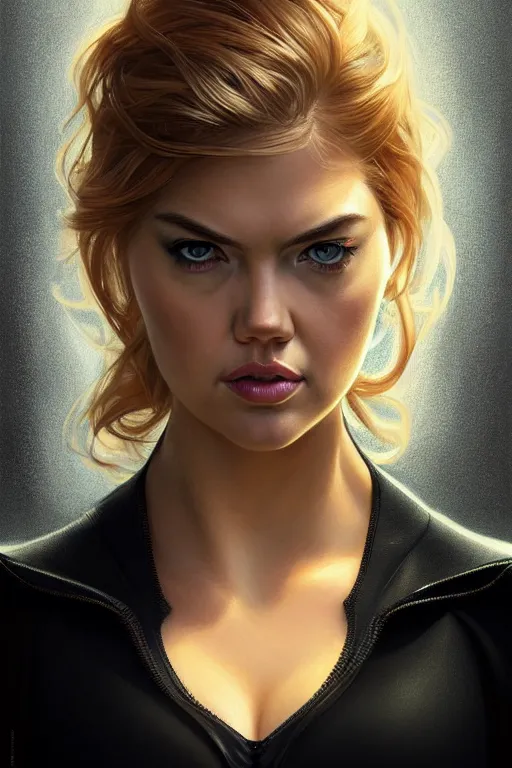 Image similar to kate upton as black widow, realistic portrait, symmetrical, highly detailed, digital painting, artstation, concept art, smooth, sharp focus, illustration, cinematic lighting, art by artgerm and greg rutkowski and alphonse mucha