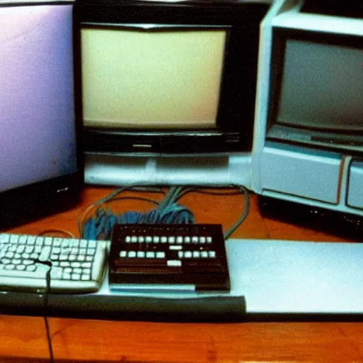 Image similar to slightly blurry and grainy photographic proof of an 8 0 s 8 bit home computer joystick, tape / disk drive and tv monitor that never was released to the public.