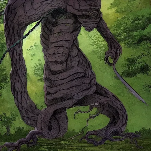 Image similar to A beautiful art installation of a large, looming creature with a long, snake-like body. The creature has many large, sharp teeth, and its eyes glow a eerie green. It is wrapped around a large tree, which is bent and broken under the creature's weight. There is a small figure in the foreground, clutching a sword, which is dwarfed by the size of the creature. Mediterranean, in Japan by James Thomas Watts, by Gerhard Richter somber, sad