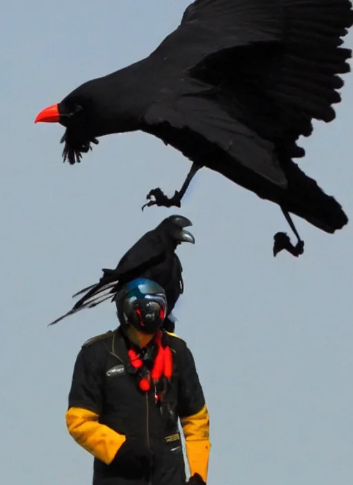 Image similar to a jet pilot with a crow head