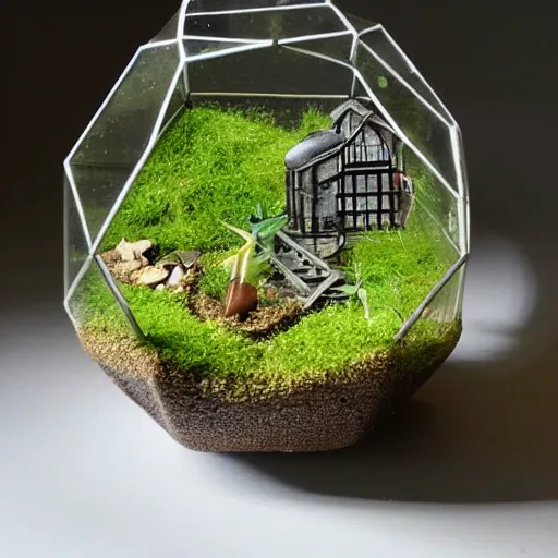 Image similar to a terrarium with sizewell b nuclear power plant diorama inside on top of a minimalist table, lit from the side