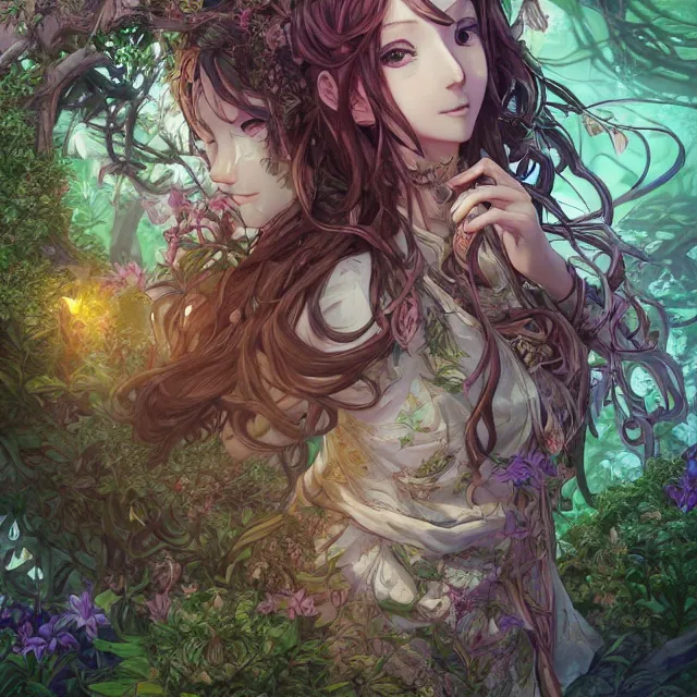 Image similar to the portrait of chaotic good female druid botanist as absurdly beautiful, gorgeous, elegant, young anime girl, an ultrafine hyperdetailed illustration by kim jung gi, irakli nadar, intricate linework, sharp focus, bright colors, octopath traveler, final fantasy, unreal engine 5 highly rendered, global illumination, radiant light, detailed and intricate environment