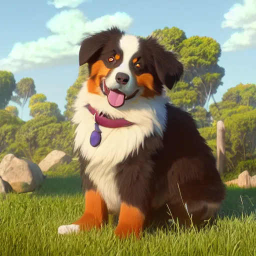 Prompt: a wholesome animation key shot of an australian shepherd, studio ghibli, pixar and disney animation, sharp, rendered in unreal engine 5, anime key art by greg rutkowski, bloom, dramatic lighting