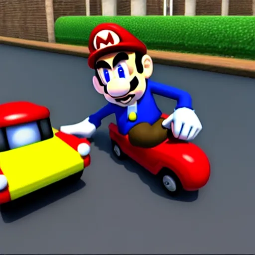 Prompt: photorealistic mr. bean in mario cart. n 6 4, nintendo, gamecube