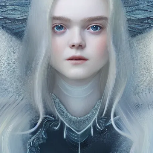 Image similar to a professional painting of Elle Fanning, clothed in ethereal armor, porcelain white skin, long blonde hair, beautiful bone structure, symmetrical facial features, intricate, elegant, digital painting, concept art, smooth, sharp focus, illustration, from Blade Runner 2049, by Ruan Jia and Mandy Jurgens and Artgerm and William-Adolphe Bouguerea