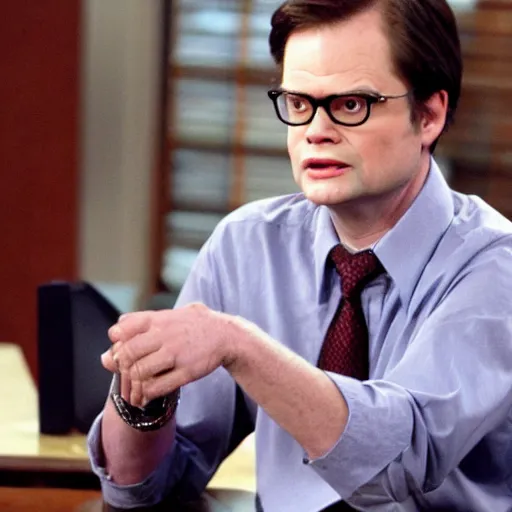 Image similar to dwight schrute pretending to be larry king